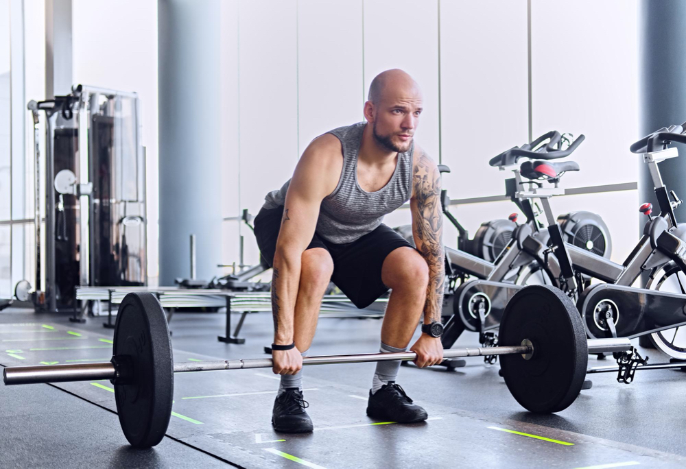 athletic bearded shaved head male working out with barbell in a bodybuilding gym club.