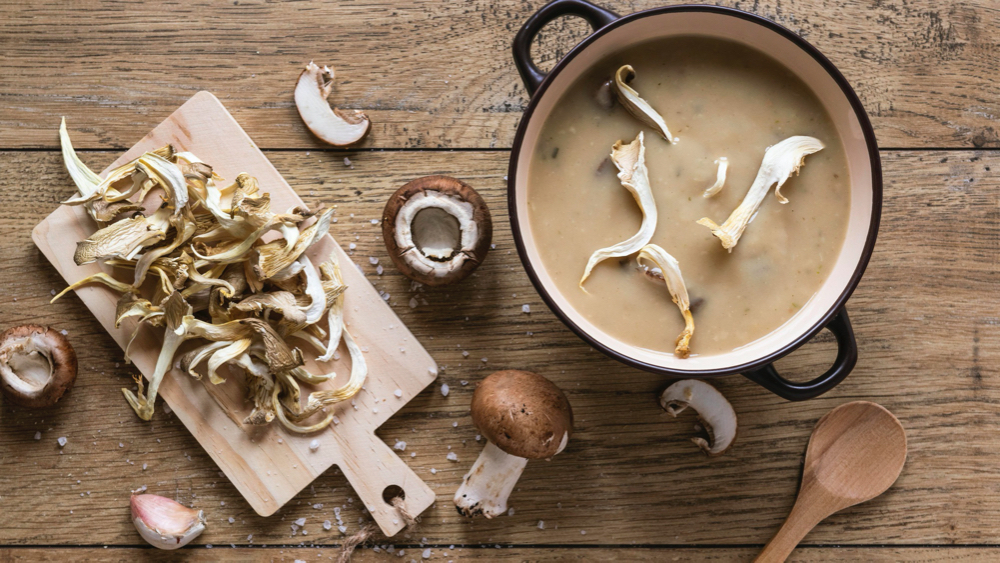 photo top view of food ingredients with soup