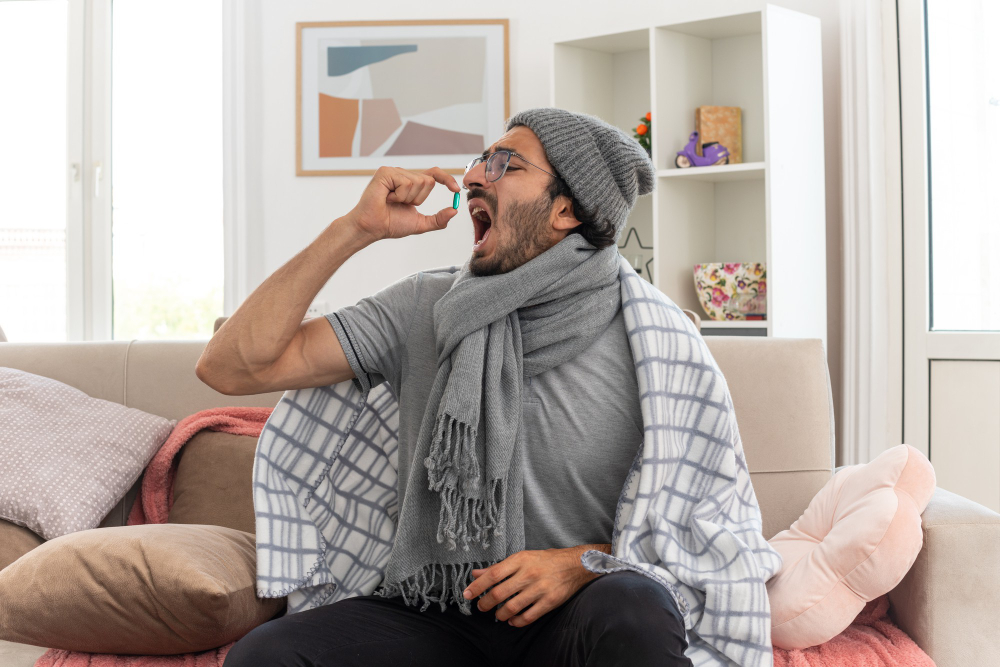 Unpleased young ill man in optical glasses wrapped in plaid with scarf around his neck wearing winter hat taking medical pill sitting on couch at living room with possible pneumonia