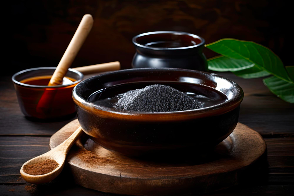 Organic Black Cane Sugar Molasses in a Brown Bowl on a Dark Background Perfect for Cooking Baking
