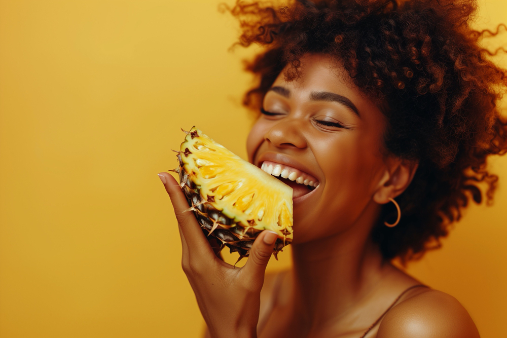 Portrait of person with pineapple fruit