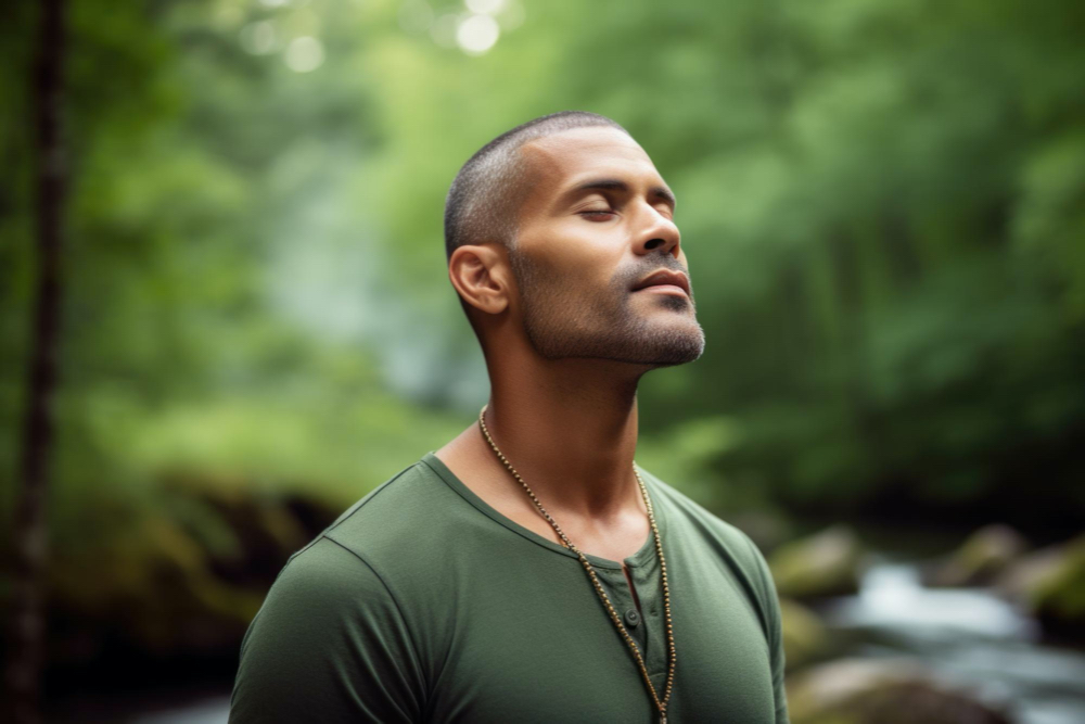 Man taking deep breaths outdoors