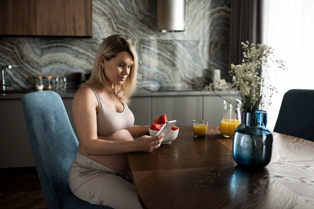 Top view pregnant woman using nursing pillow