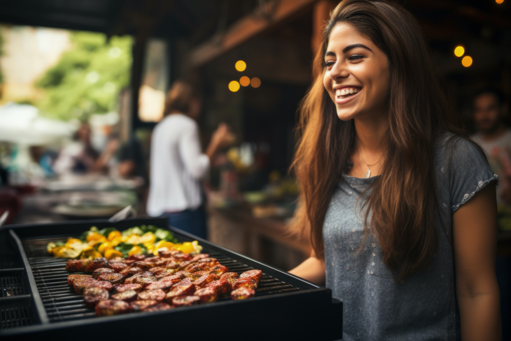 People enjoying mexican barbecue with meat on the grill