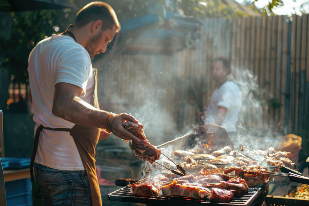 A man is enjoying the sunshine while cooking meat on a grill at a backyard barbecue aig