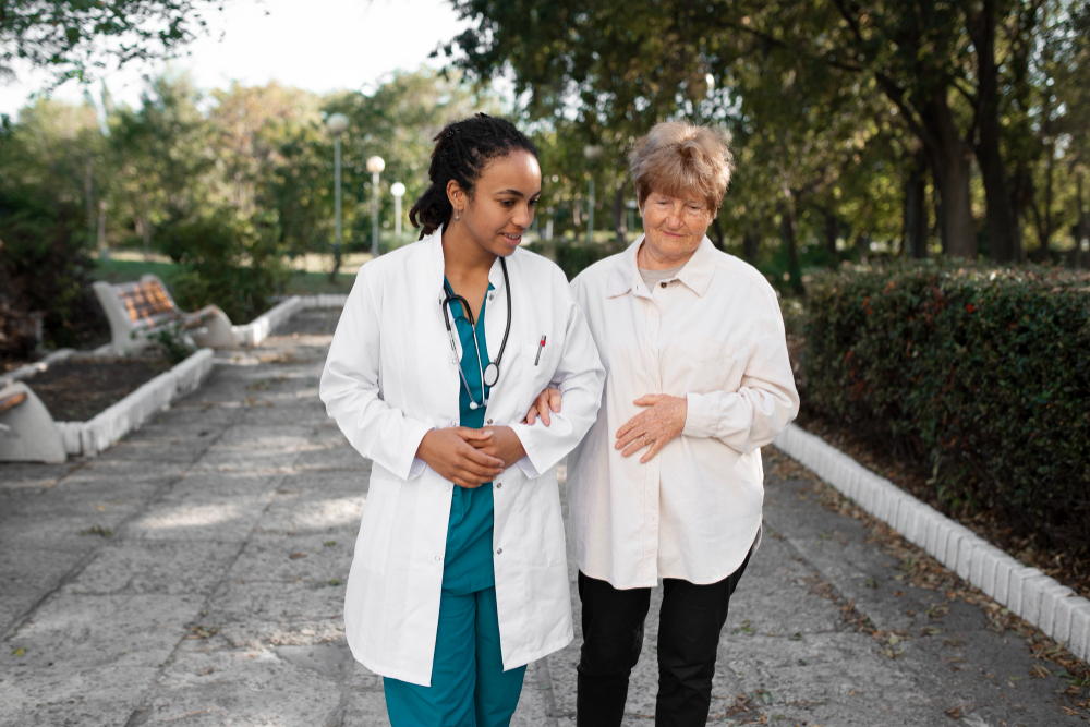 Front view doctor and patient walking